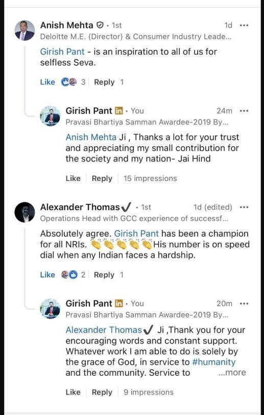LinkedIn comments thanking Girish Pant for his selfless service to the community