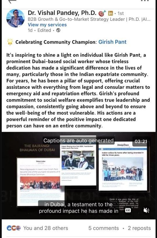 LinkedIn tribute post titled Celebrating Community Champion, honouring Girish Pant’s humanitarian work