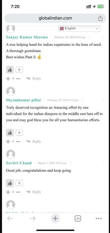 More reader comments praising Girish Pant’s humanitarian efforts on Global Indian