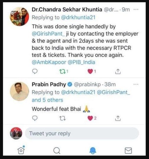 Twitter thread thanking Girish Pant for arranging repatriation of a stranded worker