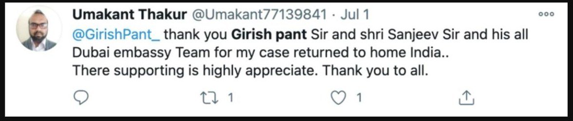 Twitter thank-you message to Girish Pant for helping return home to India